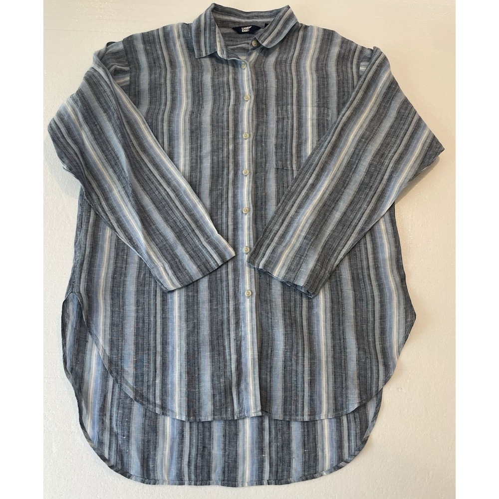 LANDS END Linen Long Sleeved Oversized Extra Long Tunic Shirt Size Medium 10-12